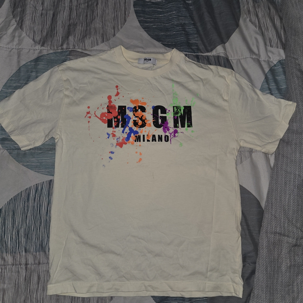 MSGM Cream Short-Sleeve Logo T-Shirt with Multicolor Paint Splash